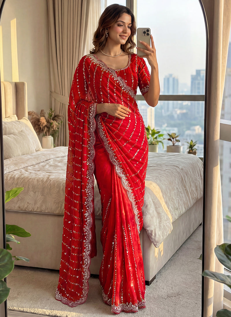 Red Fendi Satin Sequins Work Festival Wear Saree SW541196