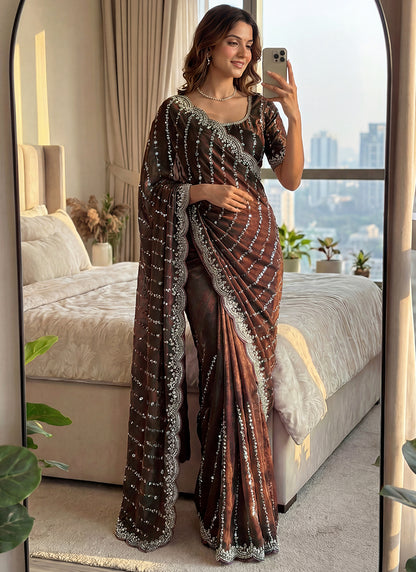 Coffee Fendi Satin Sequins Work Festival Wear Saree SW162223