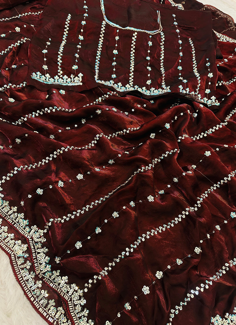 Coffee Fendi Satin Sequins Work Festival Wear Saree SW162223