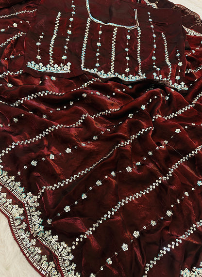 Coffee Fendi Satin Sequins Work Festival Wear Saree SW162223