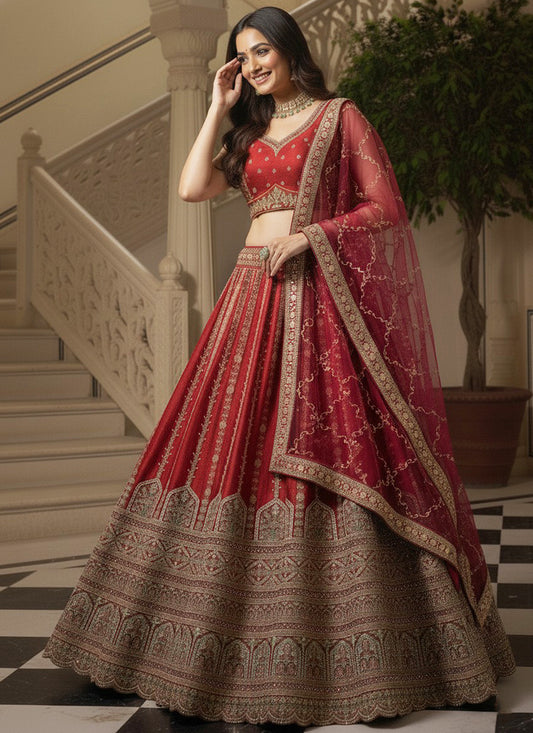 Gadhwal Silk Red Bridal Wear Heavy Work Lehenga Choli 387446
