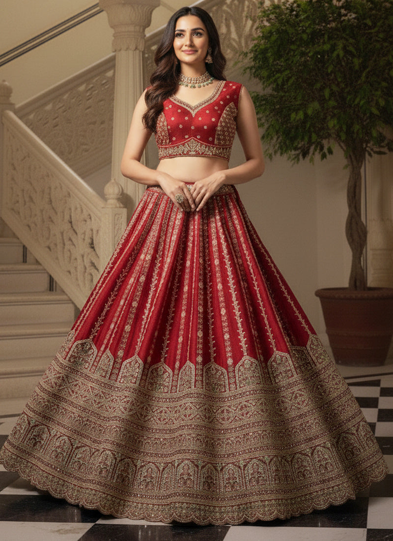 Gadhwal Silk Red Bridal Wear Heavy Work Lehenga Choli 387446