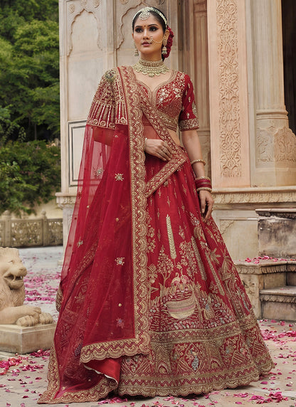 Red Gadhwal Silk Zari Embroidery Work Bridal Wear Bridal Lehenga Choli SW832656