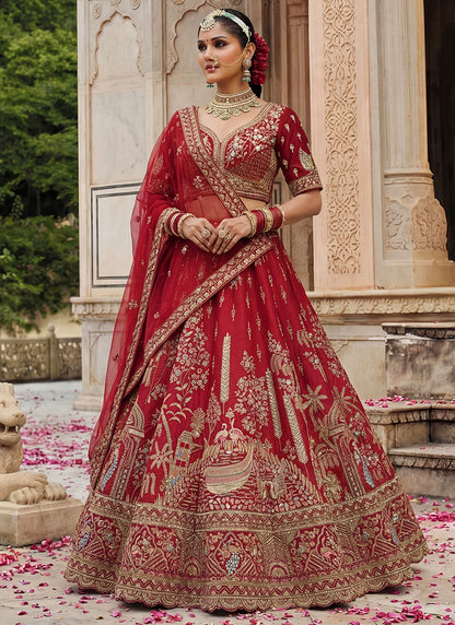 Red Gadhwal Silk Zari Embroidery Work Bridal Wear Bridal Lehenga Choli SW832656