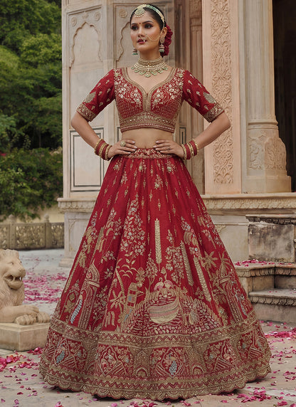 Red Gadhwal Silk Zari Embroidery Work Bridal Wear Bridal Lehenga Choli SW832656