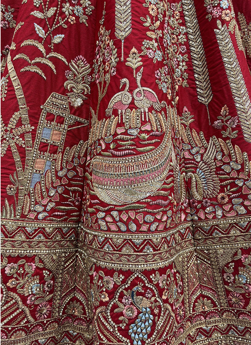 Red Gadhwal Silk Zari Embroidery Work Bridal Wear Bridal Lehenga Choli SW832656