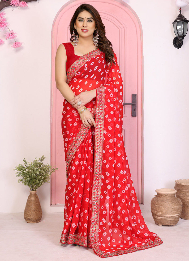 Georgette Red Saree with Bandhej Work for Festival Wear 381117