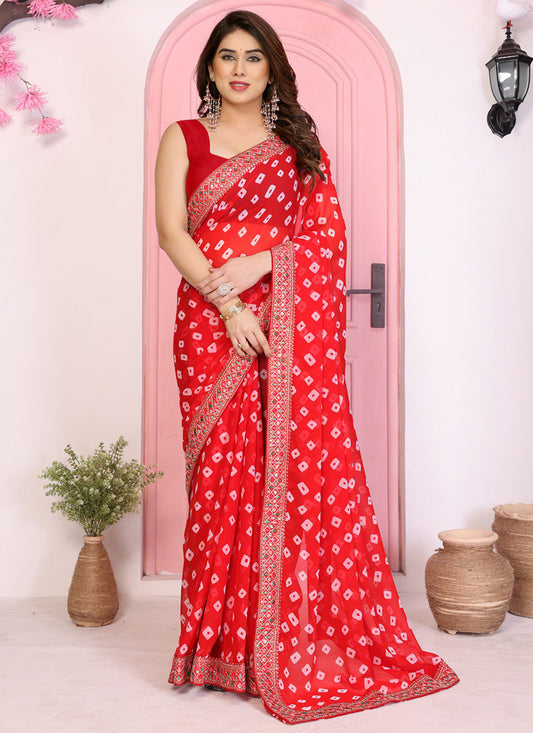 Georgette Red Saree with Bandhej Work for Festival Wear 381117
