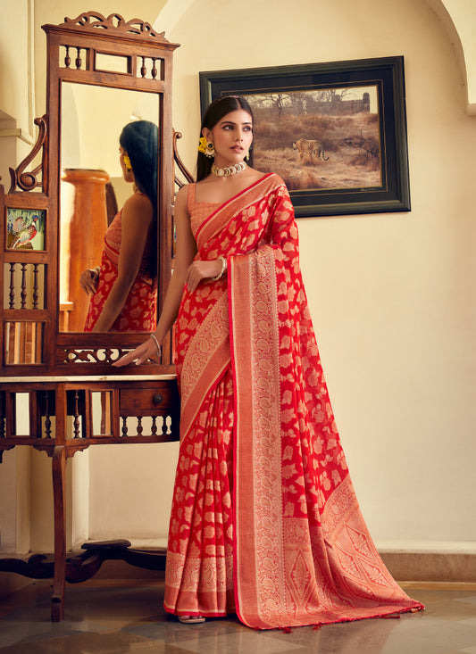 Georgette Red Festival Wear Weaving Work Saree 385986
