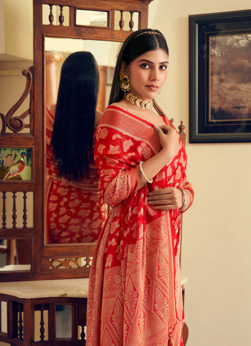 Georgette Red Festival Wear Weaving Work Saree 385986