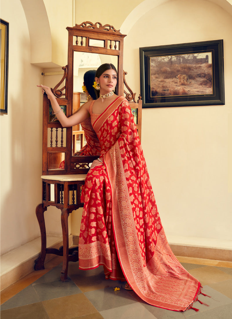 Georgette Red Festival Wear Weaving Work Saree 385986