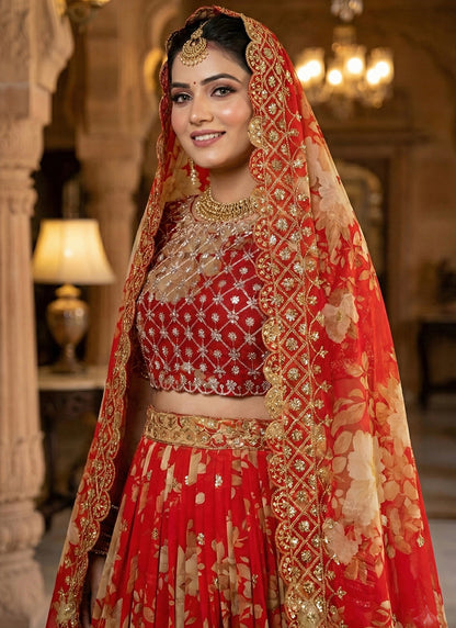 Red Georgette Digital Print Work Occasional Wear Lehenga Choli SW299717
