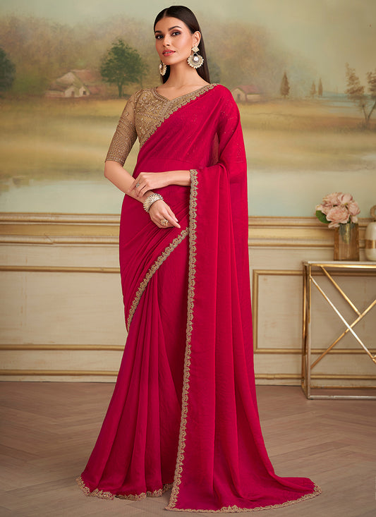 Georgette Red Party Wear Embroidery Work Saree 386386