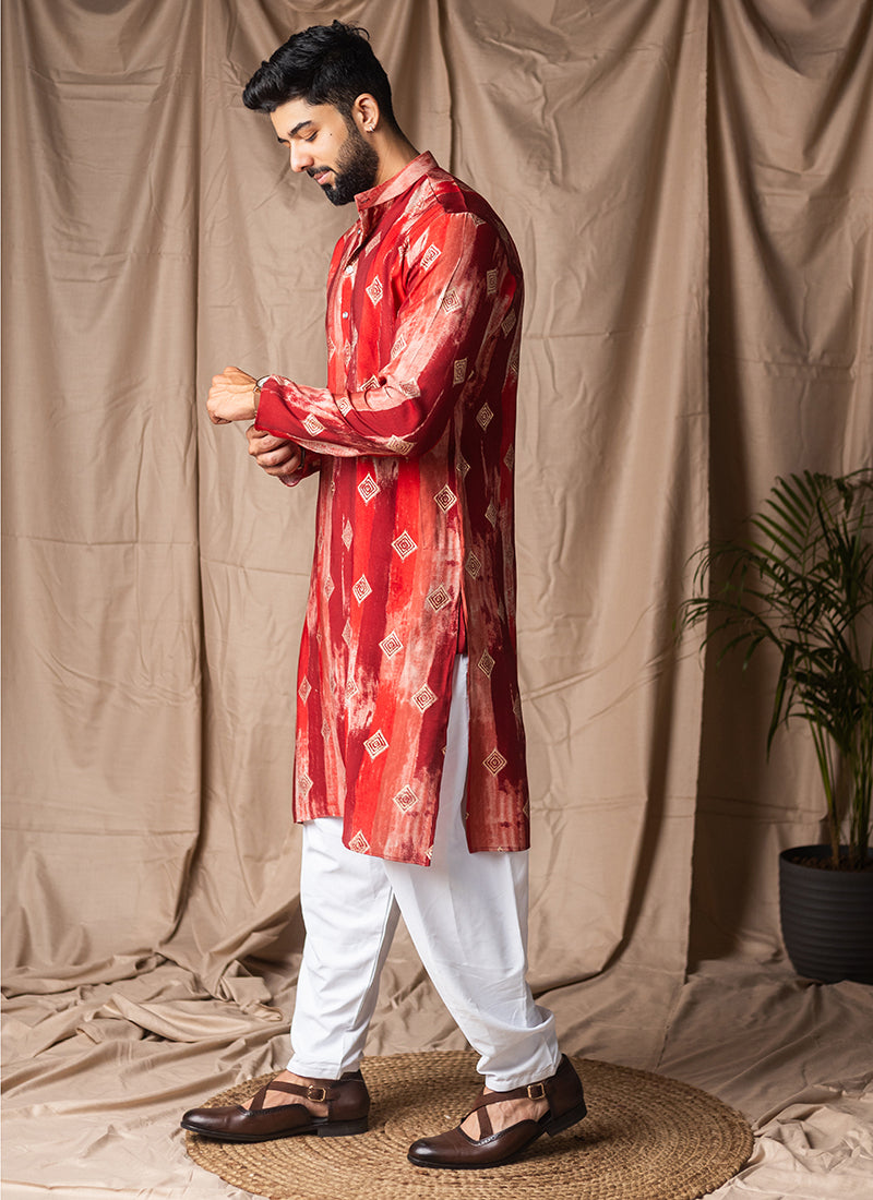 Red Modal Silk Printed Work Festival Wear Readymade Kurta Pajama SW769738