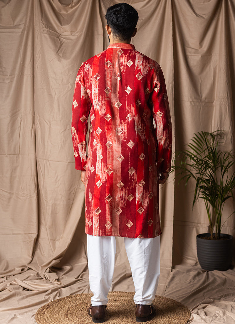 Red Modal Silk Printed Work Festival Wear Readymade Kurta Pajama SW769738