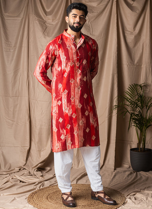 Red Modal Silk Printed Work Festival Wear Readymade Kurta Pajama SW769738