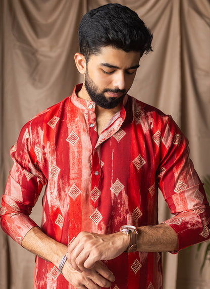 Red Modal Silk Printed Work Festival Wear Readymade Kurta Pajama SW769738