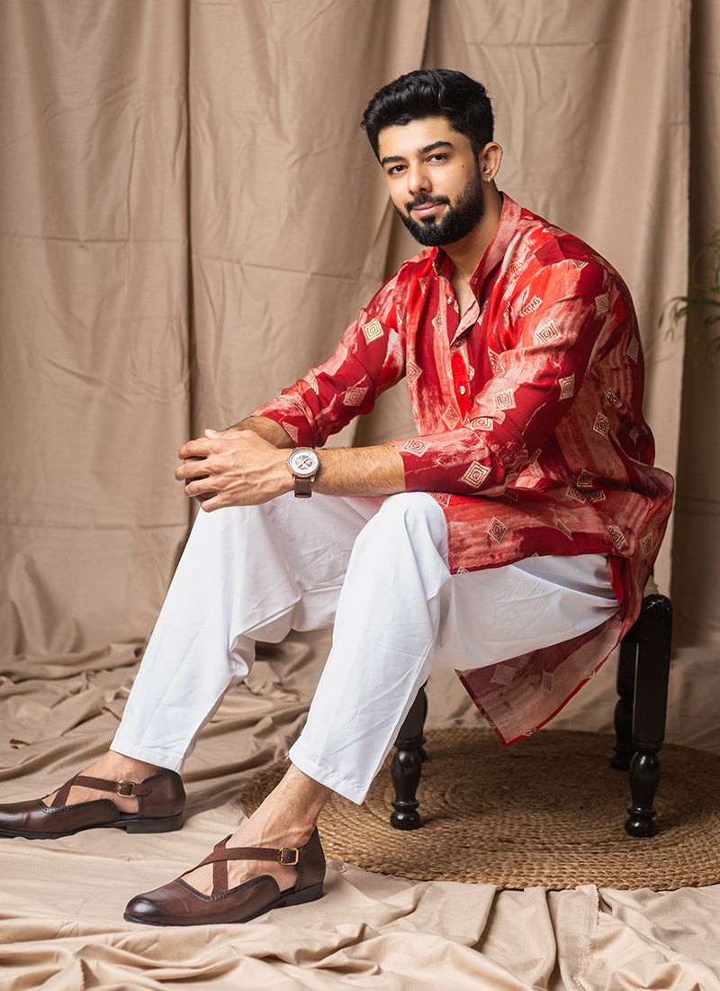 Red Modal Silk Printed Work Festival Wear Readymade Kurta Pajama SW769738