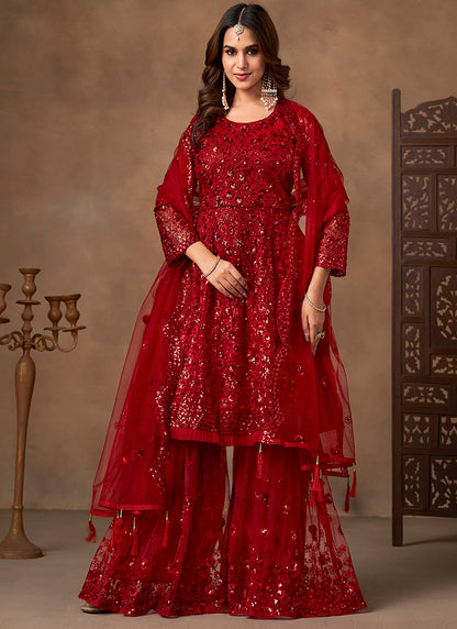 Red Net Sequins Work  Eid Wear Sharara Suit SW100582