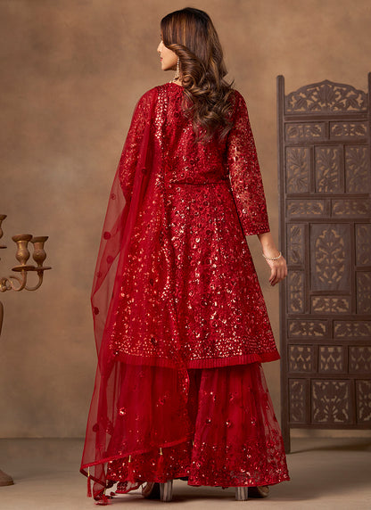 Red Net Sequins Work  Eid Wear Sharara Suit SW100582