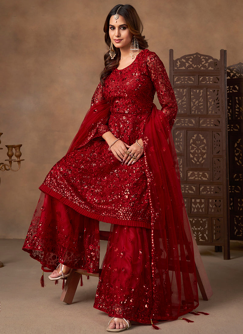 Red Net Sequins Work  Eid Wear Sharara Suit SW100582
