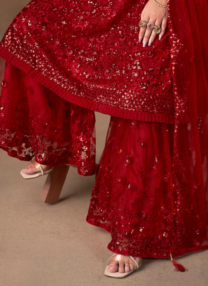 Red Net Sequins Work  Eid Wear Sharara Suit SW100582