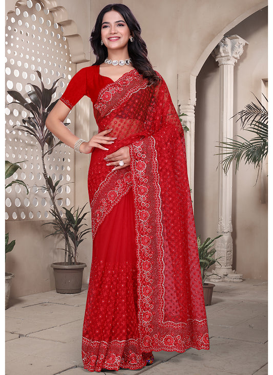 Net Red Saree with Thread Work for Festival Wear 380462