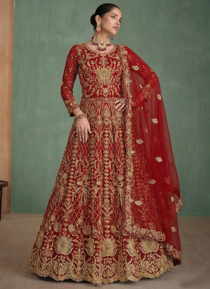 Red Net Embroidery Work Wedding Wear Anarkali Suit SW554441