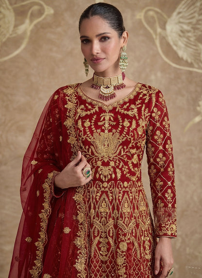 Red Net Embroidery Work Wedding Wear Anarkali Suit SW554441