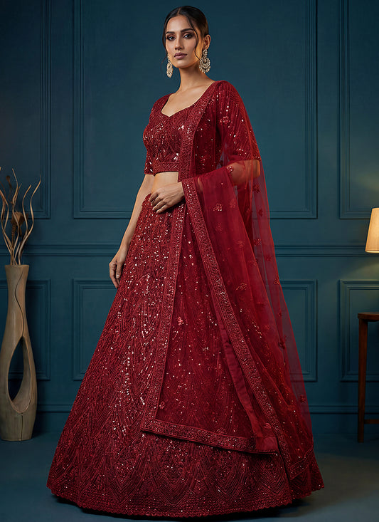 Red Net Sequins Work  Wedding Wear Lehenga Choli SW675942