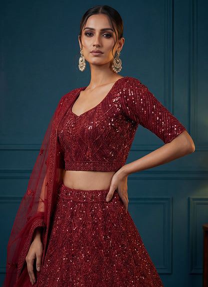 Red Net Sequins Work  Wedding Wear Lehenga Choli SW675942