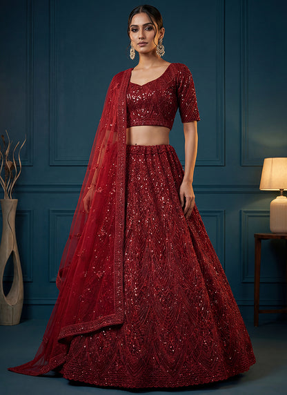 Red Net Sequins Work  Wedding Wear Lehenga Choli SW675942