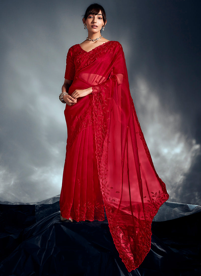 Organza Red Saree with Sequin Work for Wedding Wear 383026