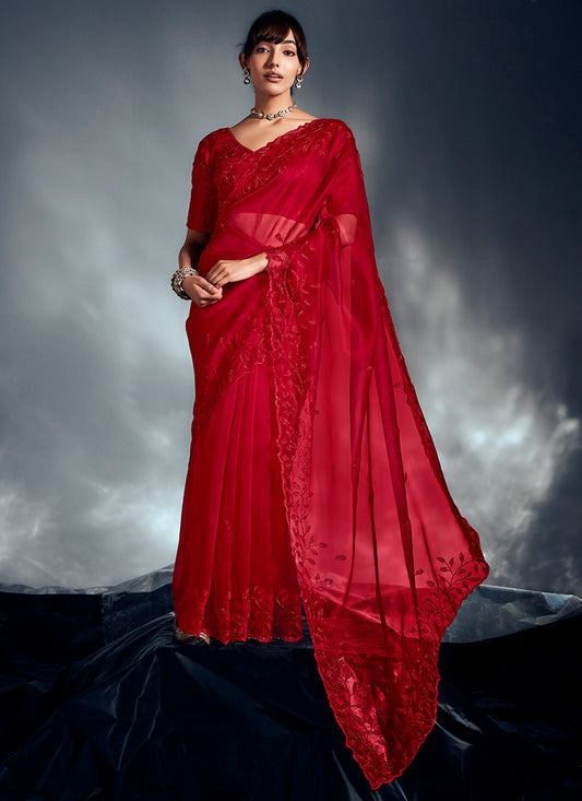 Organza Red Saree with Sequin Work for Wedding Wear 383026