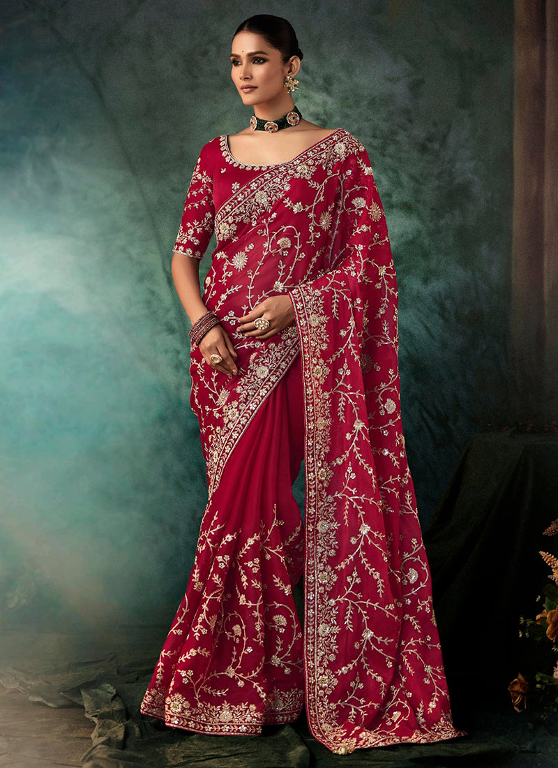 Pure Fancy Red Bridal Wear Heavy Work Bridal Saree 387347