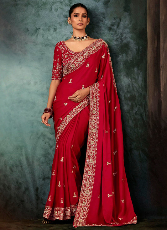 Pure Fancy Red Bridal Wear Heavy Work Bridal Saree 387350