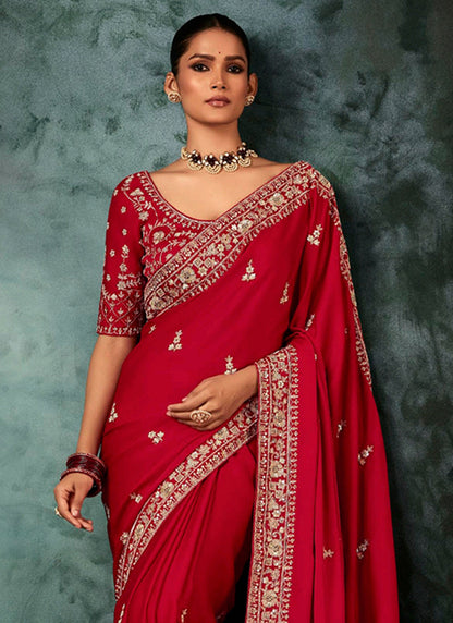 Pure Fancy Red Bridal Wear Heavy Work Bridal Saree 387350