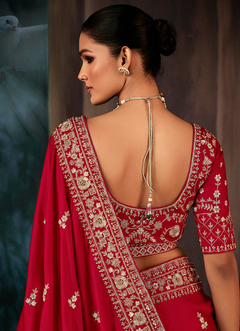 Pure Fancy Red Bridal Wear Heavy Work Bridal Saree 387350