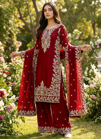Pure Gmy Silk Red Eid Wear Embroidery Work Readymade Pakistani Suit 388560