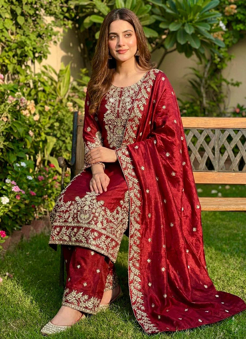 Pure Gmy Silk Red Eid Wear Embroidery Work Readymade Pakistani Suit 388560