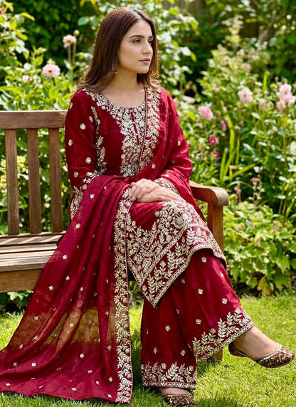 Pure Gmy Silk Red Eid Wear Embroidery Work Readymade Pakistani Suit 388560
