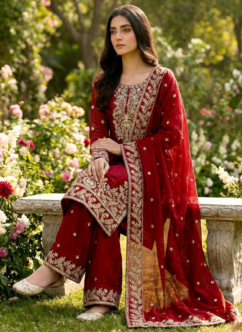 Pure Gmy Silk Red Eid Wear Embroidery Work Readymade Pakistani Suit 388560
