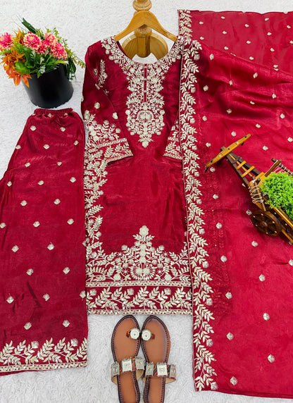 Pure Gmy Silk Red Eid Wear Embroidery Work Readymade Pakistani Suit 388560