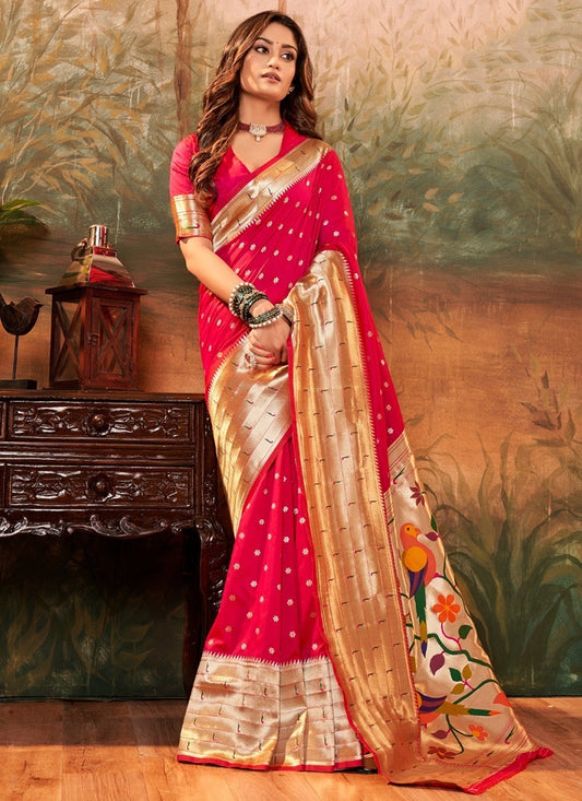 Pure Paithani Silk Red Saree with Zari Weaving Work for Bridal Wear 380843