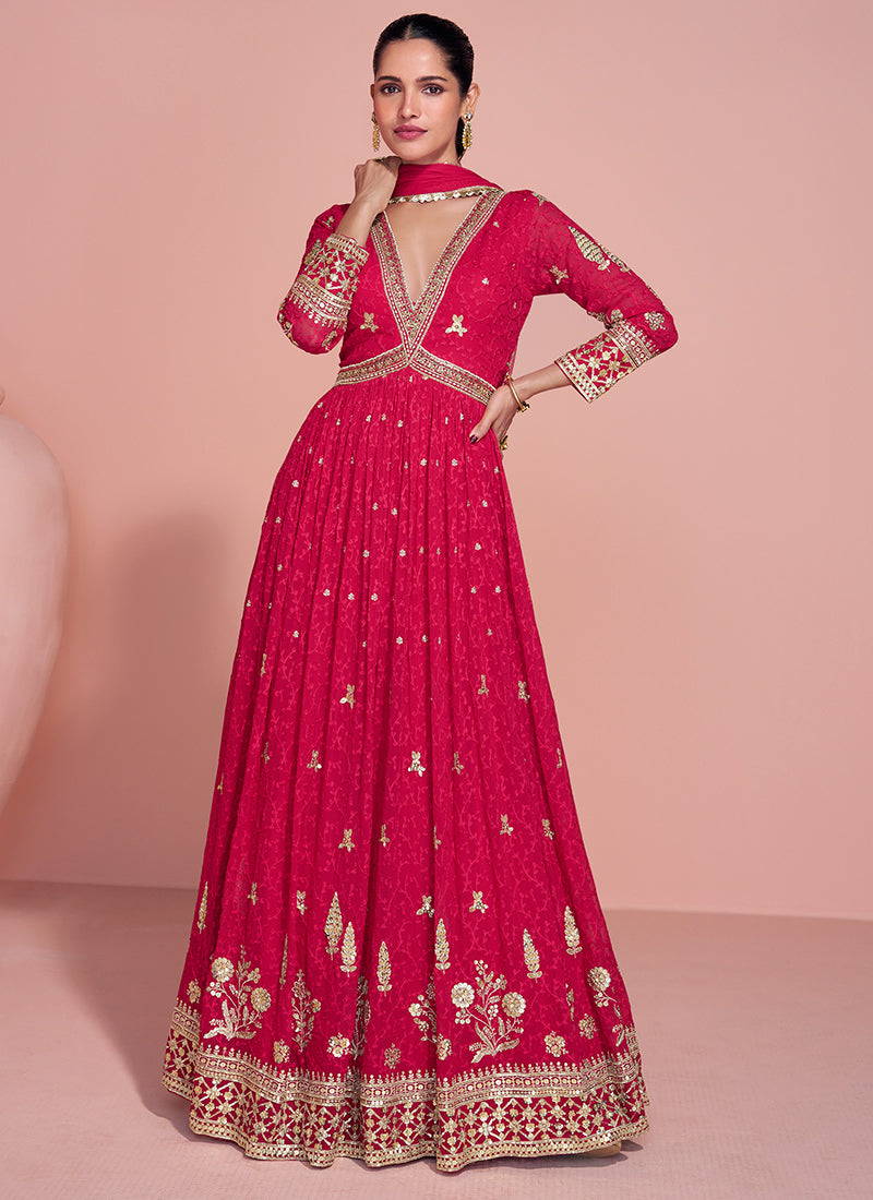 Real Georgette Red Party Wear Embroidery Work Readymade Anarkali Gown 386700