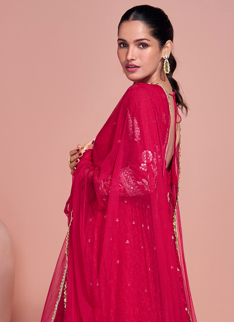 Real Georgette Red Party Wear Embroidery Work Readymade Anarkali Gown 386700