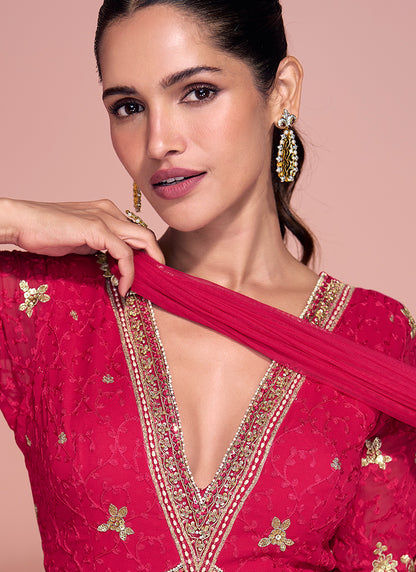 Real Georgette Red Party Wear Embroidery Work Readymade Anarkali Gown 386700