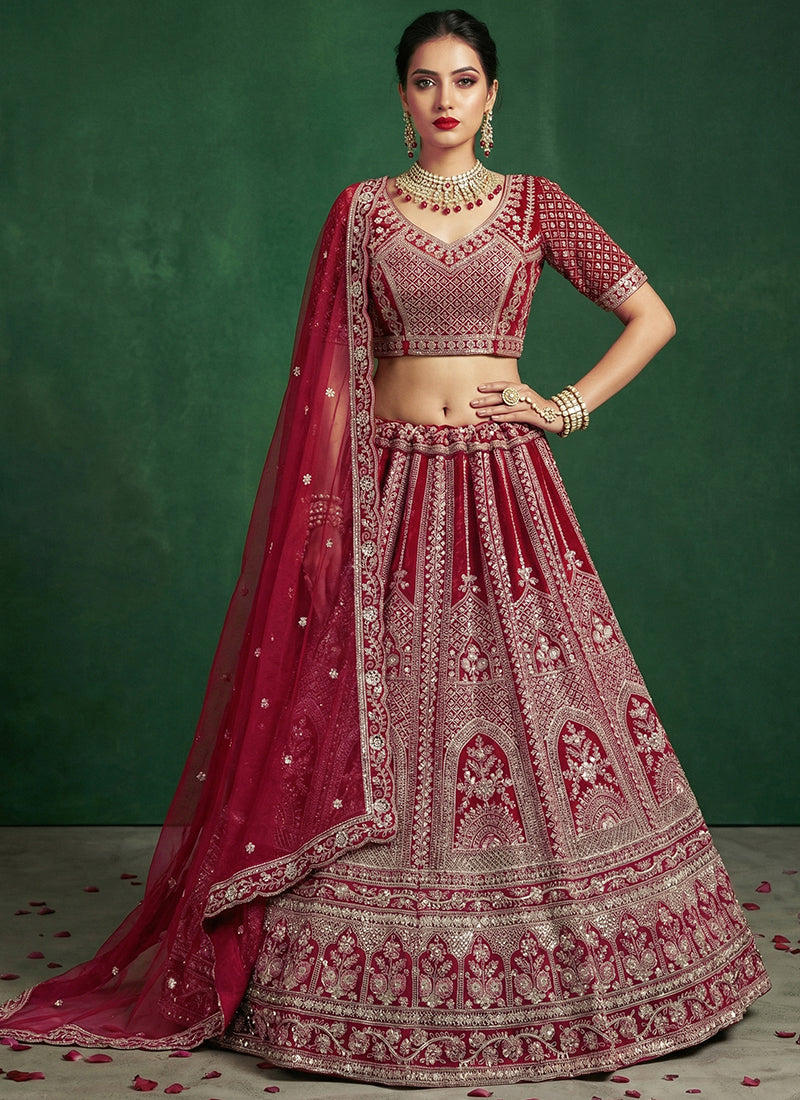 Red Satin Embroidery Work Bridal Wear Lehenga Choli SW281130