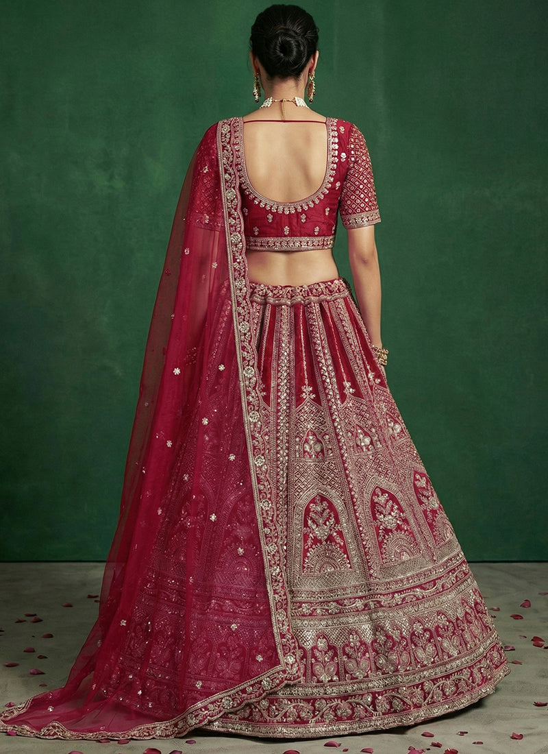 Red Satin Embroidery Work Bridal Wear Lehenga Choli SW281130