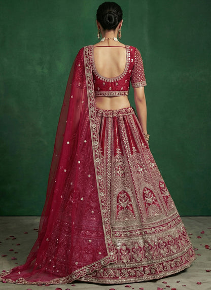 Red Satin Embroidery Work Bridal Wear Lehenga Choli SW281130